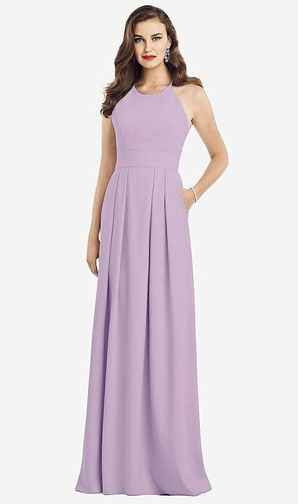 Front View - Pale Purple Criss Cross Back Crepe Halter Dress with Pockets