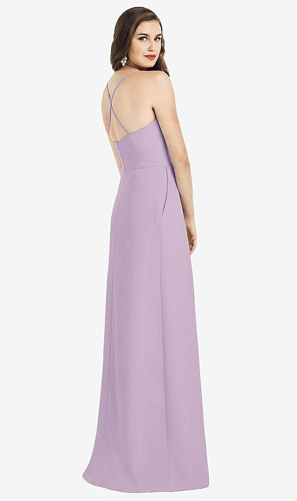 Back View - Pale Purple Criss Cross Back Crepe Halter Dress with Pockets