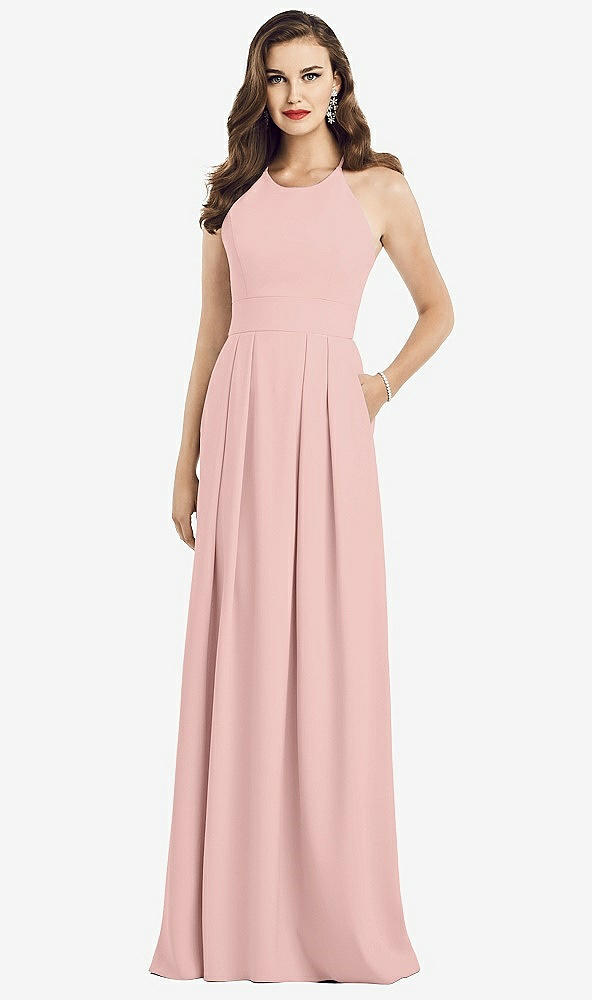 Front View - Rose - PANTONE Rose Quartz Criss Cross Back Crepe Halter Dress with Pockets