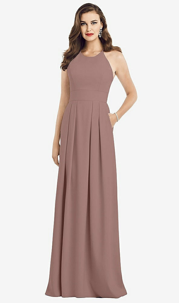 Front View - Sienna Criss Cross Back Crepe Halter Dress with Pockets