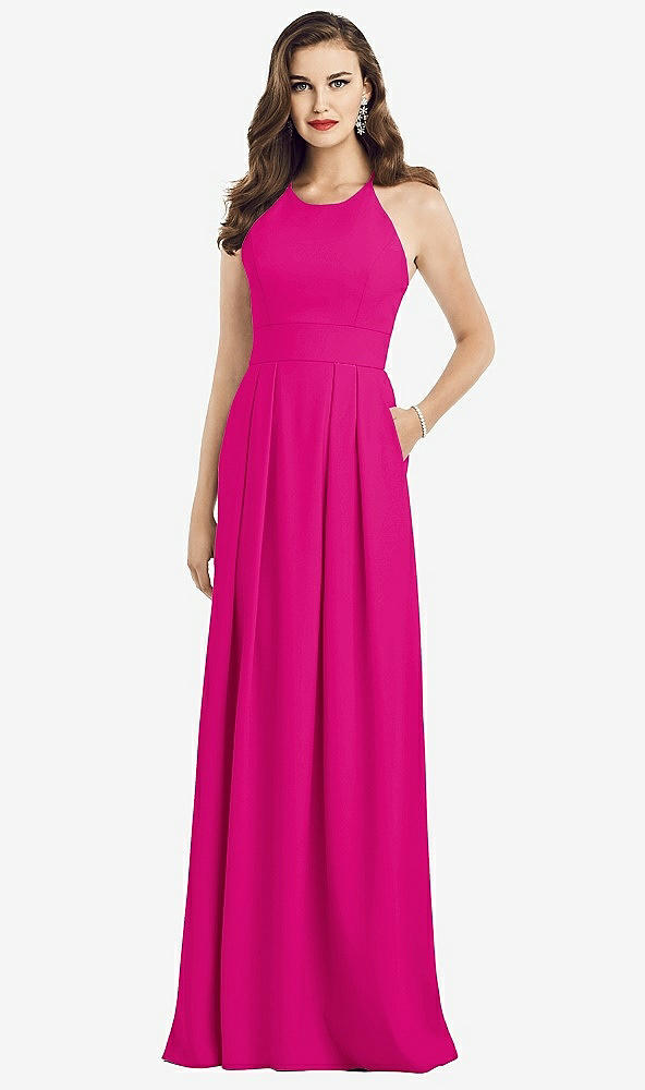 Front View - Think Pink Criss Cross Back Crepe Halter Dress with Pockets