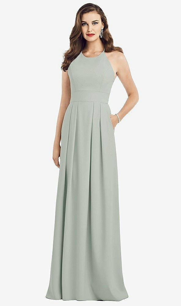 Front View - Willow Green Criss Cross Back Crepe Halter Dress with Pockets