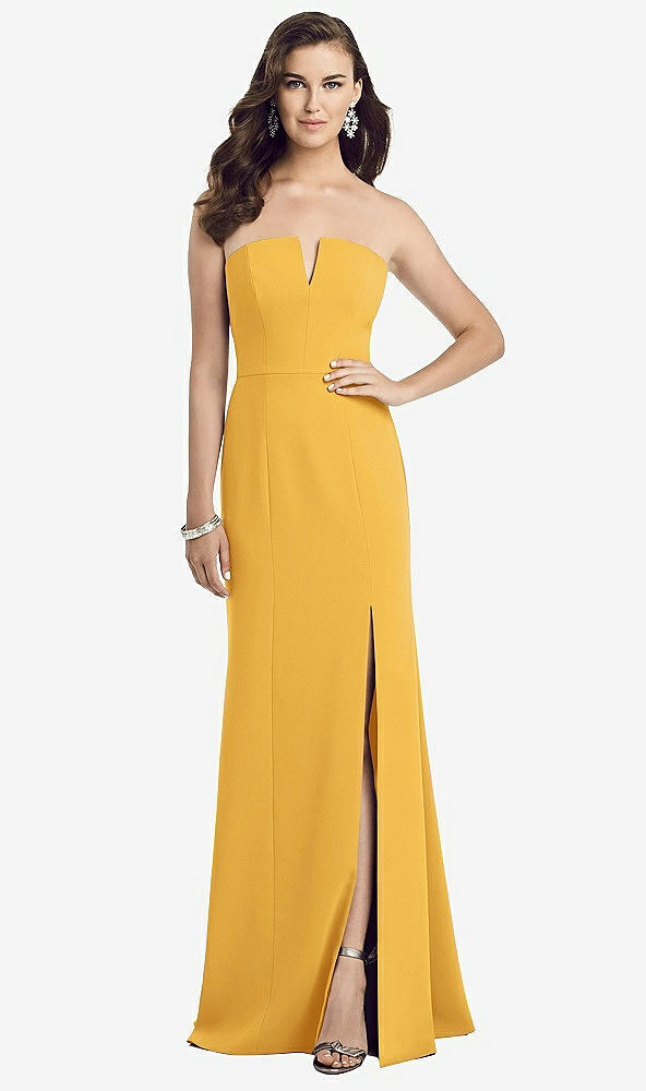 Front View - NYC Yellow Strapless Notch Crepe Gown with Front Slit