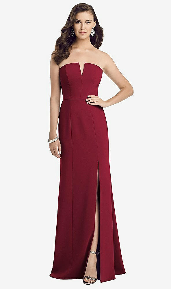 Front View - Burgundy Strapless Notch Crepe Gown with Front Slit