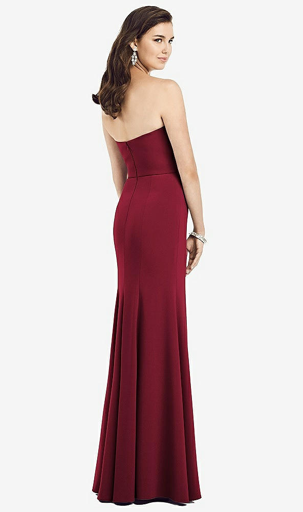 Back View - Burgundy Strapless Notch Crepe Gown with Front Slit