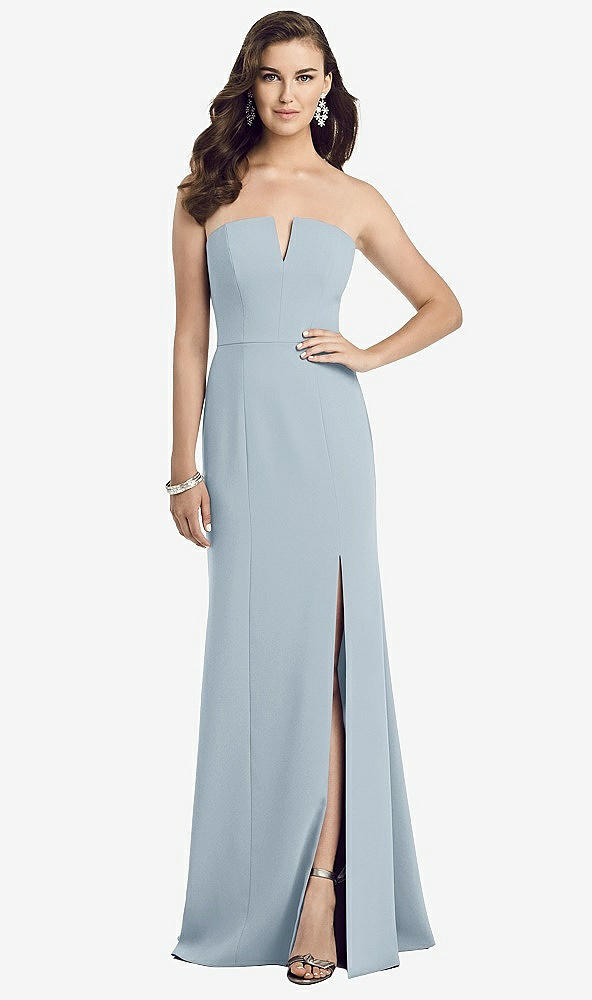 Front View - Mist Strapless Notch Crepe Gown with Front Slit