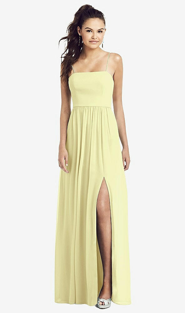 Front View - Butter Yellow Slim Spaghetti Strap Chiffon Dress with Front Slit 