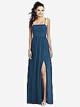 Front View Thumbnail - Dusk Blue Slim Spaghetti Strap Chiffon Dress with Front Slit 