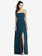 Front View Thumbnail - Atlantic Blue Slim Spaghetti Strap Chiffon Dress with Front Slit 