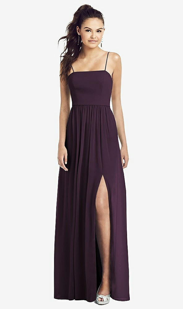 Front View - Aubergine Slim Spaghetti Strap Chiffon Dress with Front Slit 