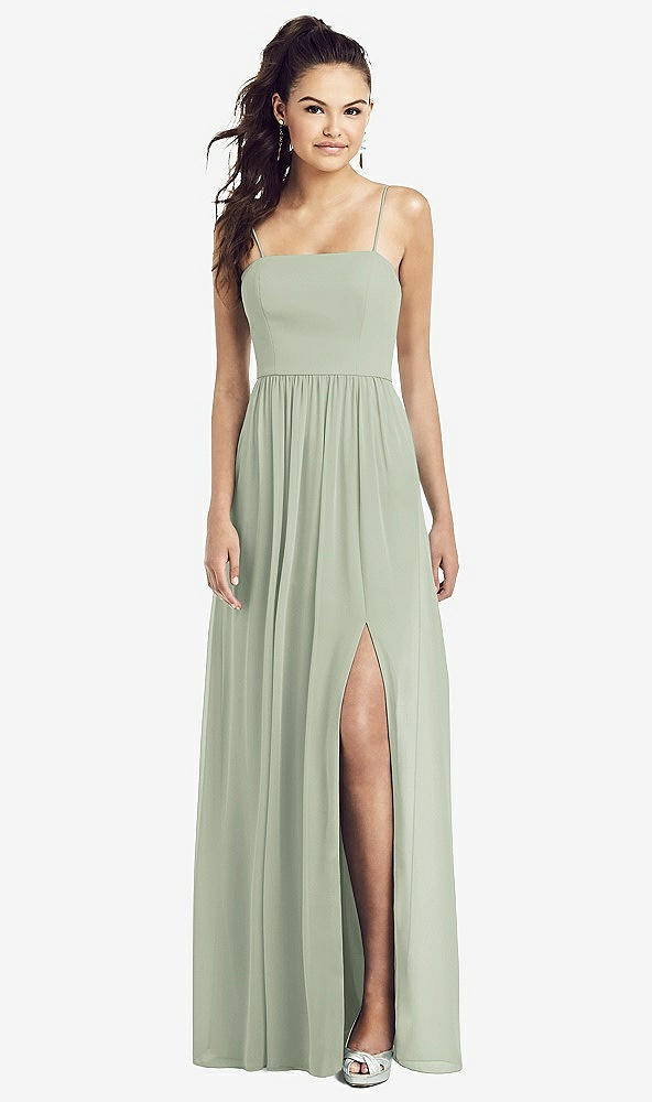 Front View - Celadon Slim Spaghetti Strap Chiffon Dress with Front Slit 