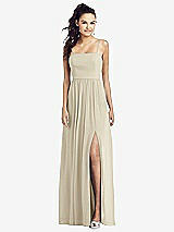 Front View Thumbnail - Champagne Slim Spaghetti Strap Chiffon Dress with Front Slit 