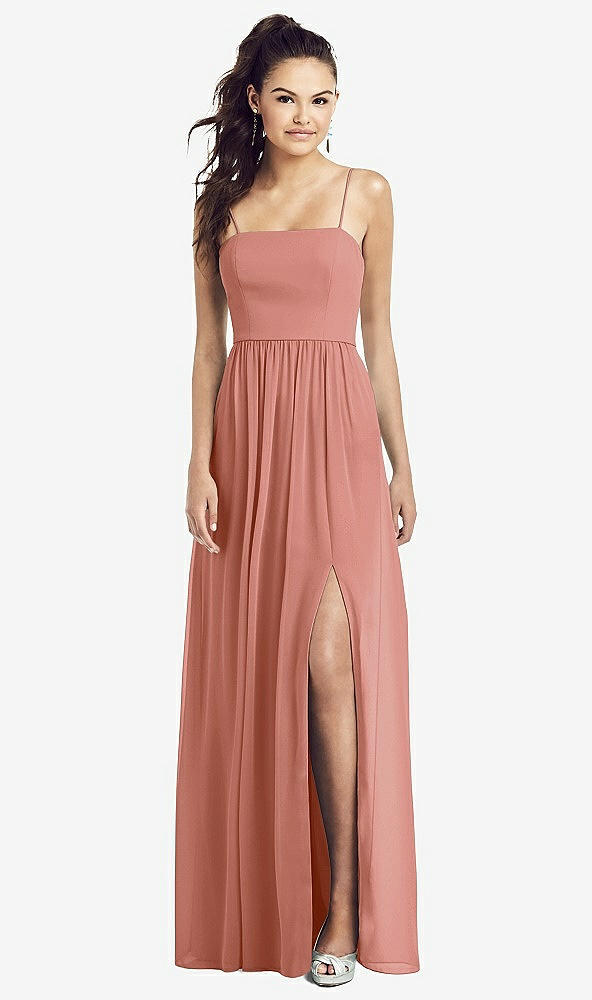 Front View - Desert Rose Slim Spaghetti Strap Chiffon Dress with Front Slit 