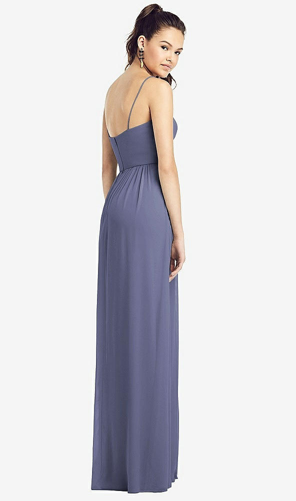 Back View - French Blue Slim Spaghetti Strap Chiffon Dress with Front Slit 