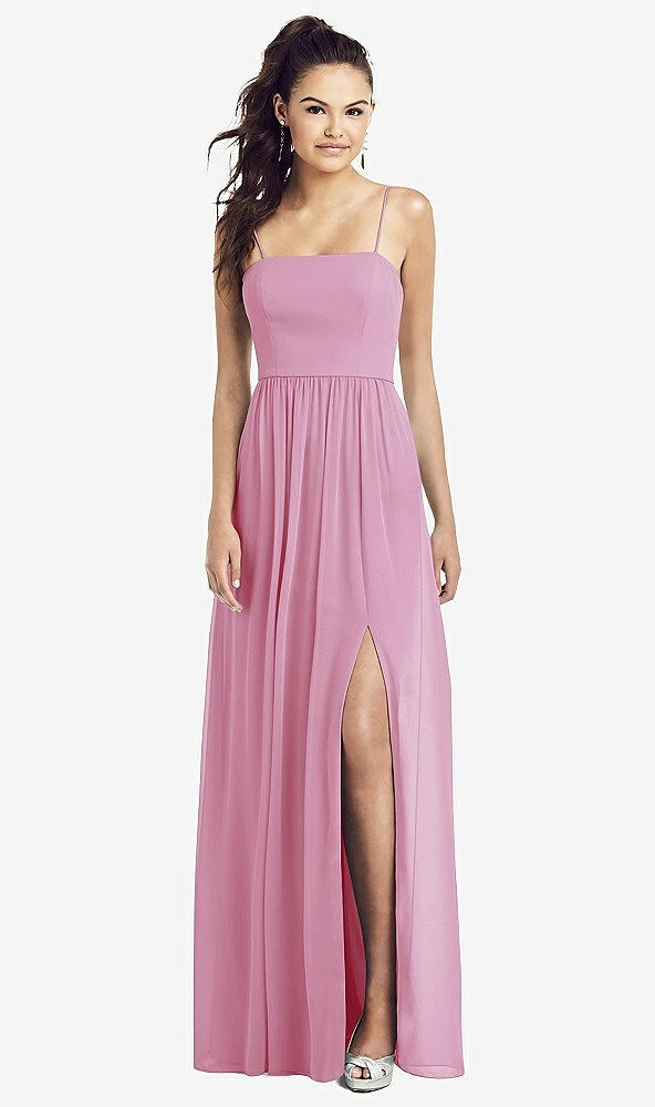 Front View - Powder Pink Slim Spaghetti Strap Chiffon Dress with Front Slit 