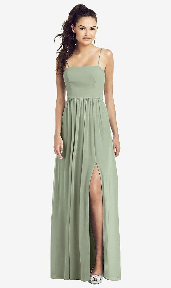 Front View - Sage Slim Spaghetti Strap Chiffon Dress with Front Slit 