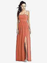 Front View Thumbnail - Terracotta Copper Slim Spaghetti Strap Chiffon Dress with Front Slit 