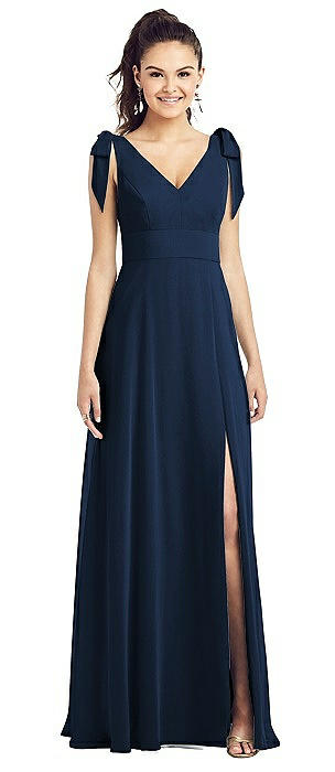 Bow-Shoulder V-Back Chiffon Gown with Front Slit