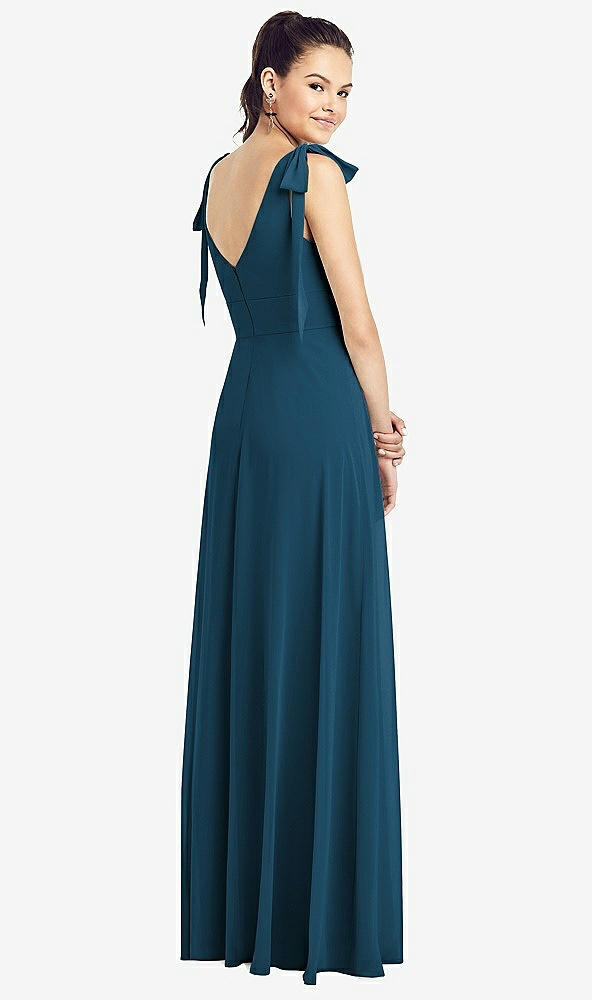 Back View - Atlantic Blue Bow-Shoulder V-Back Chiffon Gown with Front Slit