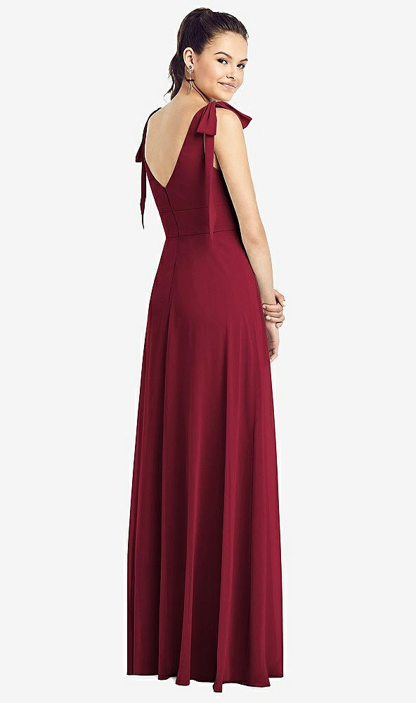 Back View - Burgundy Bow-Shoulder V-Back Chiffon Gown with Front Slit