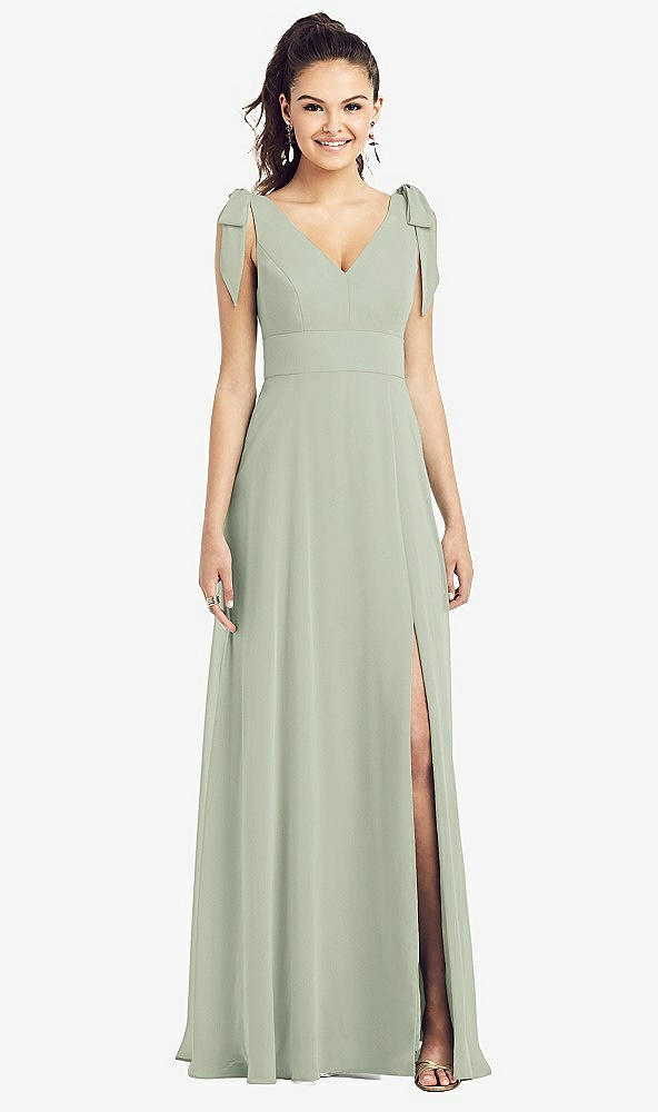 Front View - Celadon Bow-Shoulder V-Back Chiffon Gown with Front Slit