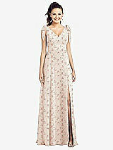 Front View Thumbnail - Coquette Floral Print Bow-Shoulder V-Back Chiffon Gown with Front Slit