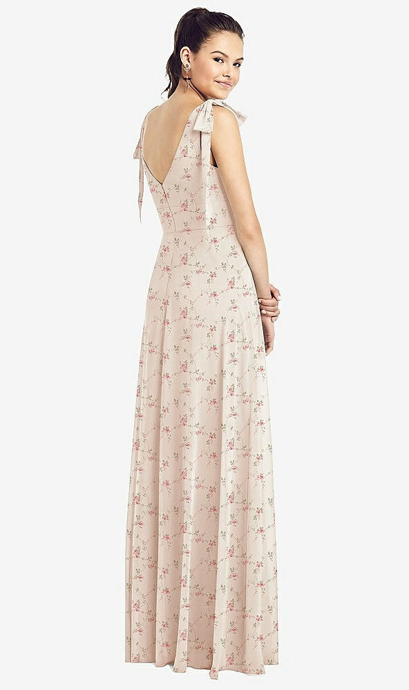 Back View - Coquette Floral Print Bow-Shoulder V-Back Chiffon Gown with Front Slit