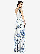 Rear View Thumbnail - Cottage Rose Dusk Blue Bow-Shoulder V-Back Chiffon Gown with Front Slit