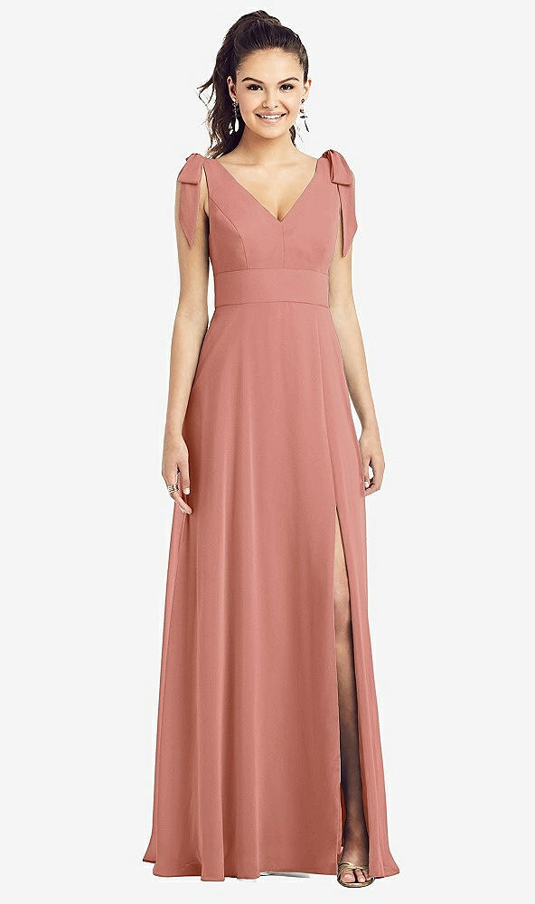 Front View - Desert Rose Bow-Shoulder V-Back Chiffon Gown with Front Slit