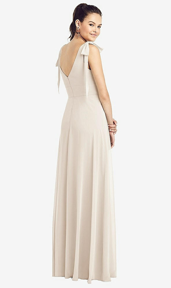 Back View - Oat Bow-Shoulder V-Back Chiffon Gown with Front Slit