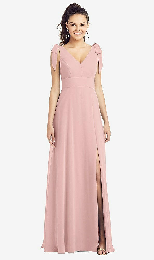 Front View - Rose - PANTONE Rose Quartz Bow-Shoulder V-Back Chiffon Gown with Front Slit