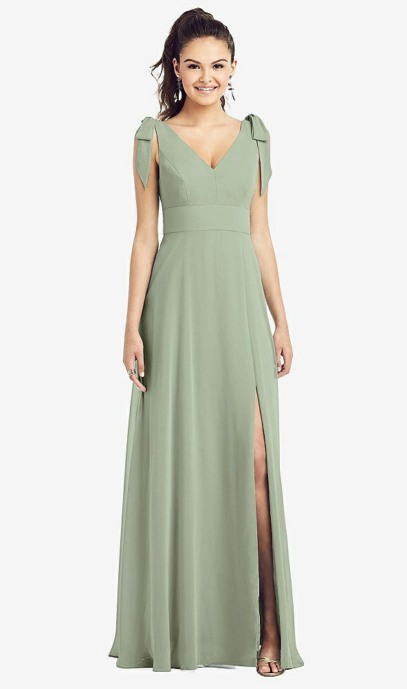 Front View - Sage Bow-Shoulder V-Back Chiffon Gown with Front Slit