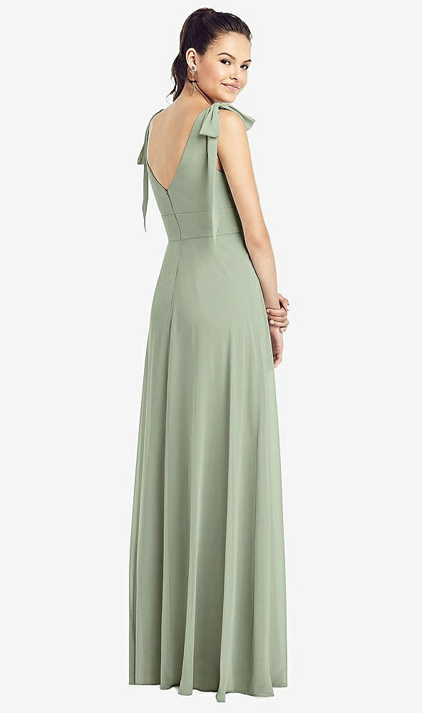 Back View - Sage Bow-Shoulder V-Back Chiffon Gown with Front Slit