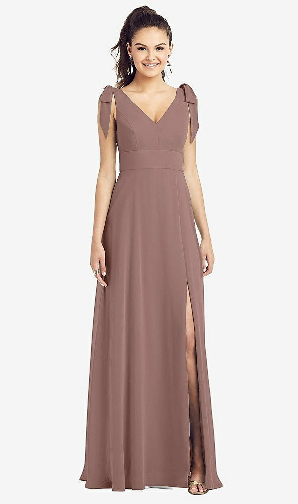 Front View - Sienna Bow-Shoulder V-Back Chiffon Gown with Front Slit