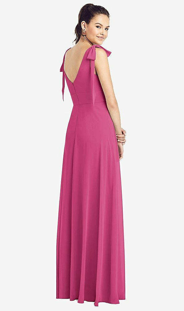 Back View - Tea Rose Bow-Shoulder V-Back Chiffon Gown with Front Slit