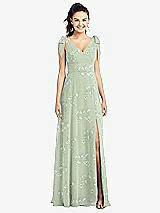 Front View Thumbnail - Vintage Primrose Sage Bow-Shoulder V-Back Chiffon Gown with Front Slit