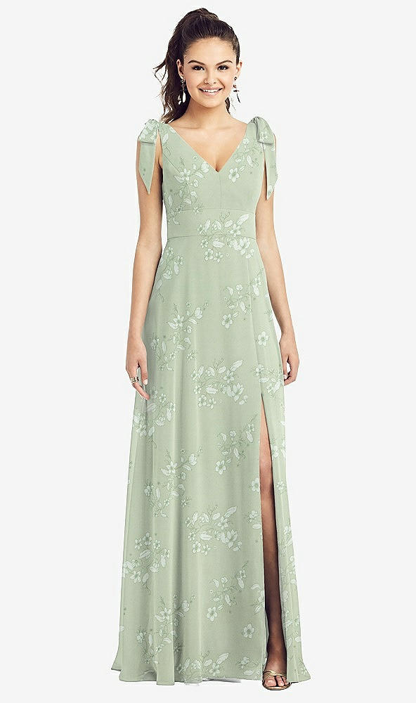 Front View - Vintage Primrose Sage Bow-Shoulder V-Back Chiffon Gown with Front Slit