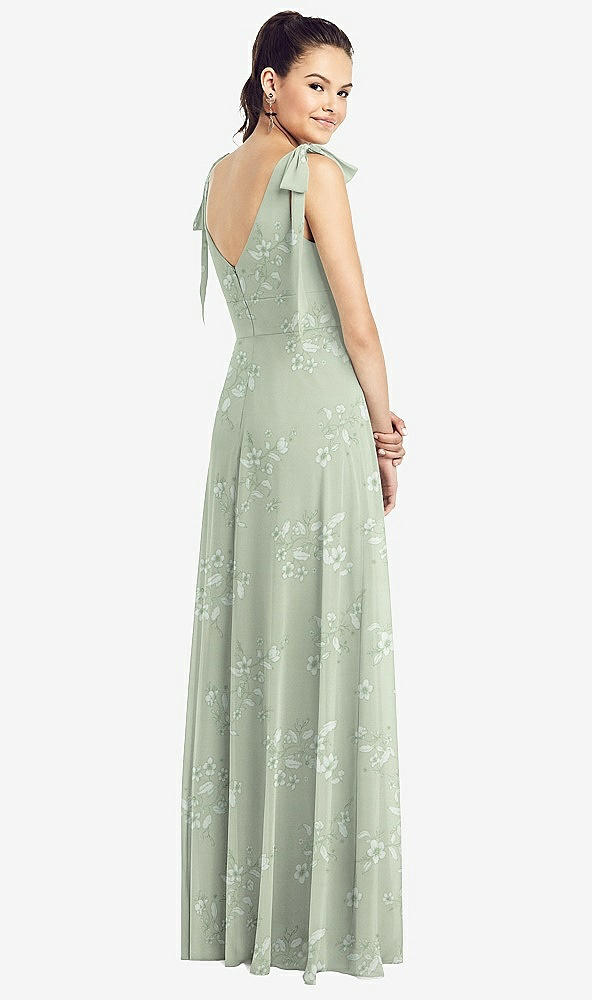 Back View - Vintage Primrose Sage Bow-Shoulder V-Back Chiffon Gown with Front Slit