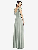 Rear View Thumbnail - Willow Green Bow-Shoulder V-Back Chiffon Gown with Front Slit