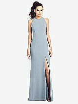 Front View Thumbnail - Mist Open-Back Jewel Neck Trumpet Gown with Front Slit