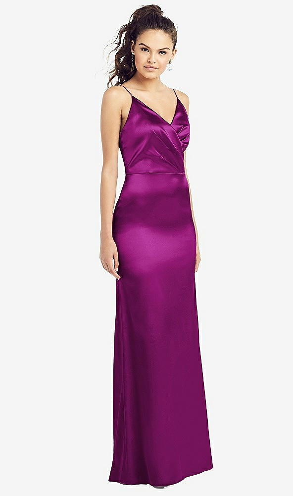 Front View - Persian Plum Slim Spaghetti Strap Wrap Bodice Trumpet Gown