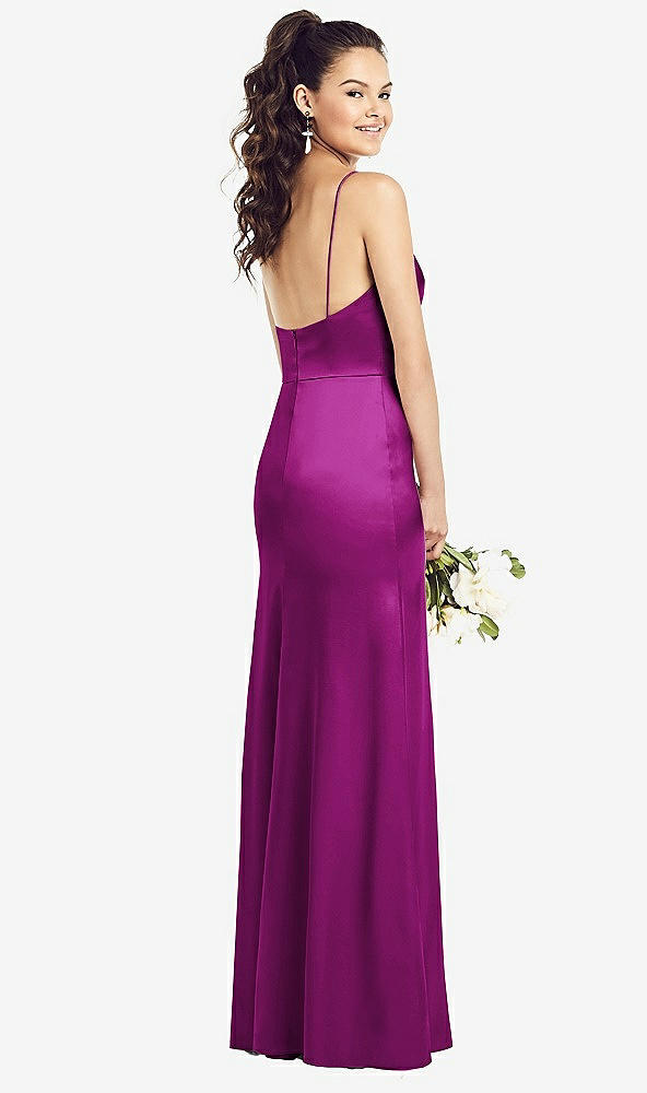 Back View - Persian Plum Slim Spaghetti Strap Wrap Bodice Trumpet Gown