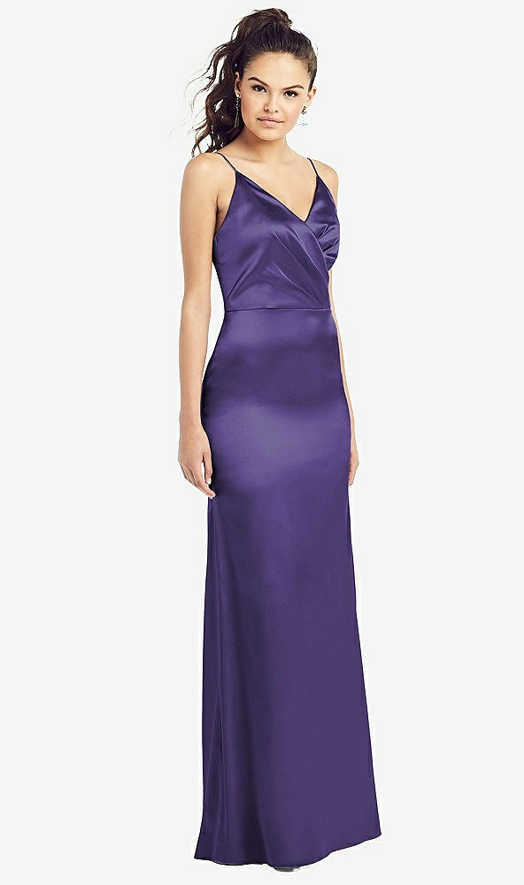 Front View - Regalia - PANTONE Ultra Violet Slim Spaghetti Strap Wrap Bodice Trumpet Gown