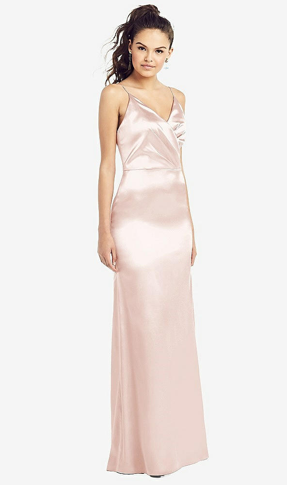 Front View - Blush Slim Spaghetti Strap Wrap Bodice Trumpet Gown