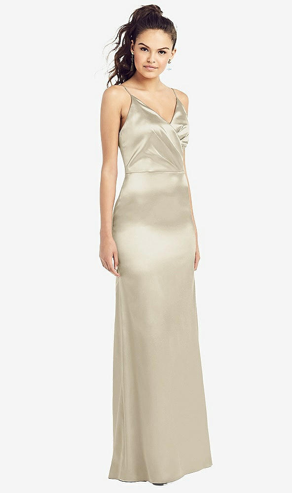 Front View - Champagne Slim Spaghetti Strap Wrap Bodice Trumpet Gown