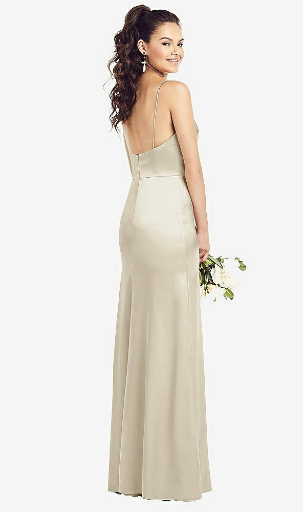 Back View - Champagne Slim Spaghetti Strap Wrap Bodice Trumpet Gown