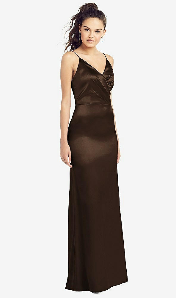 Front View - Espresso Slim Spaghetti Strap Wrap Bodice Trumpet Gown