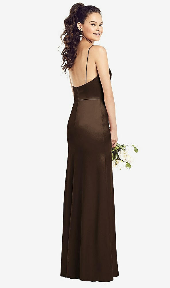 Back View - Espresso Slim Spaghetti Strap Wrap Bodice Trumpet Gown