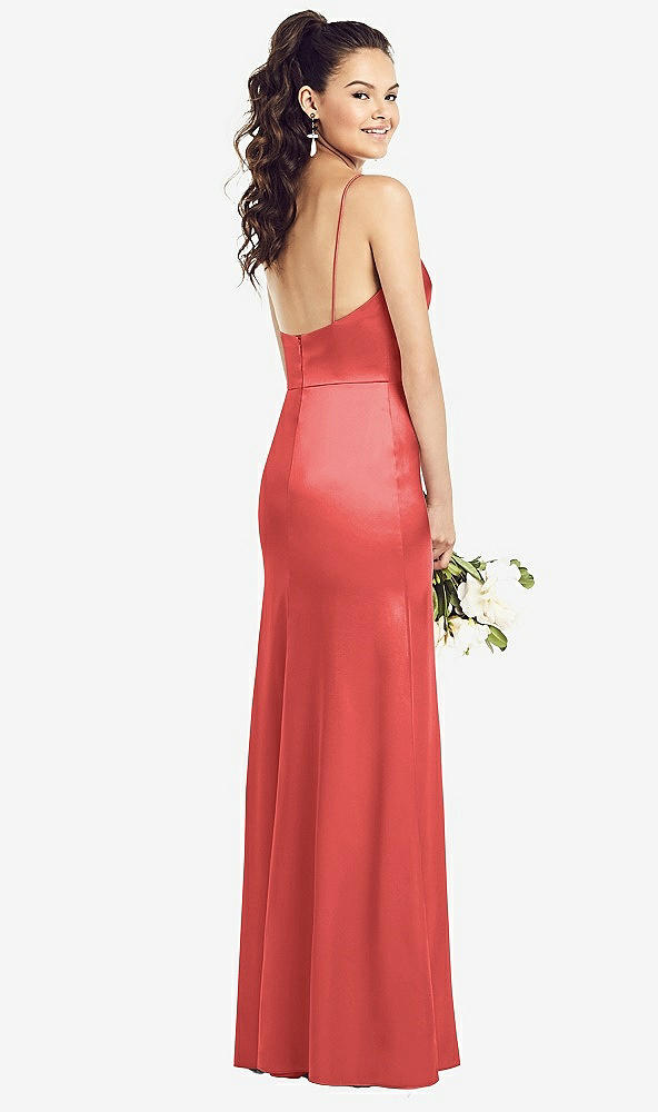 Back View - Perfect Coral Slim Spaghetti Strap Wrap Bodice Trumpet Gown