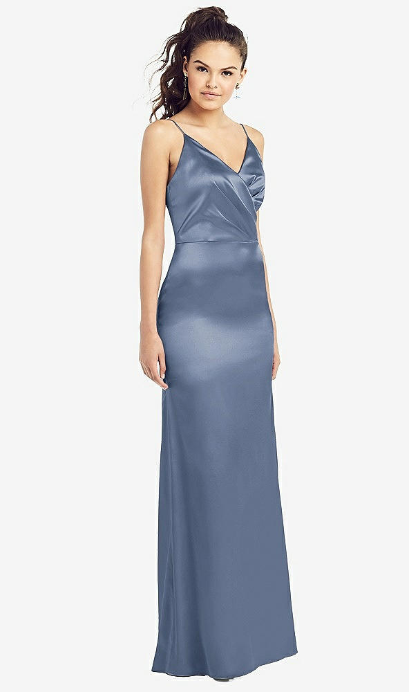 Front View - Larkspur Blue Slim Spaghetti Strap Wrap Bodice Trumpet Gown